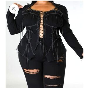 Love Highlight Black Corset Shirt Stretch Denim Lace Up Long Sleeve Size L